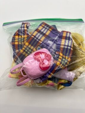 Assorted Barbie and Ken Clothes and Accessories - Pink, Purple, Yellow Plaid